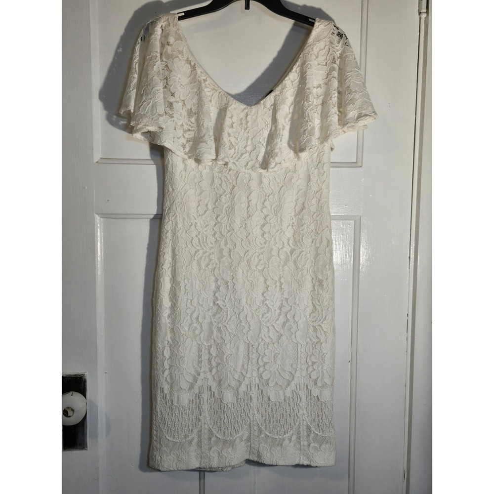 Lauren Ralph Lauren Cream Floral Lace Ruffle Off Shoulder Sheath Dress 6